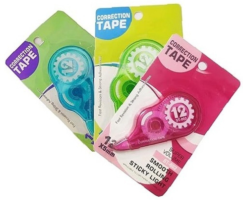 Eclet Correction Tape - Pack of 3 Pcs Correction Tape 12 Meter X 5 MM, for Journal 1 ml 5 mm Correction Pen, Whitener for Correction, Stationary Items, Correction Pen Tape(Set of 1, white,(Any 3 Random Color sent A)