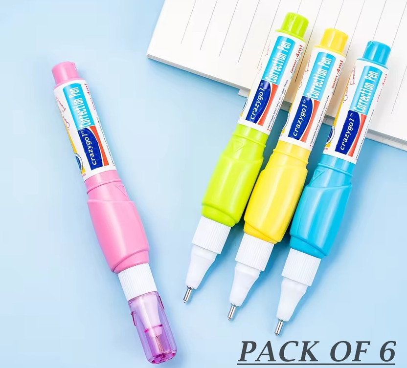 CRAZYGOL Whitener Fast Drying Multi Purpose Quick Dry Pen Tape White Correction Pen 6 ml 6 mm Correction Pen(Set of 6, White)
