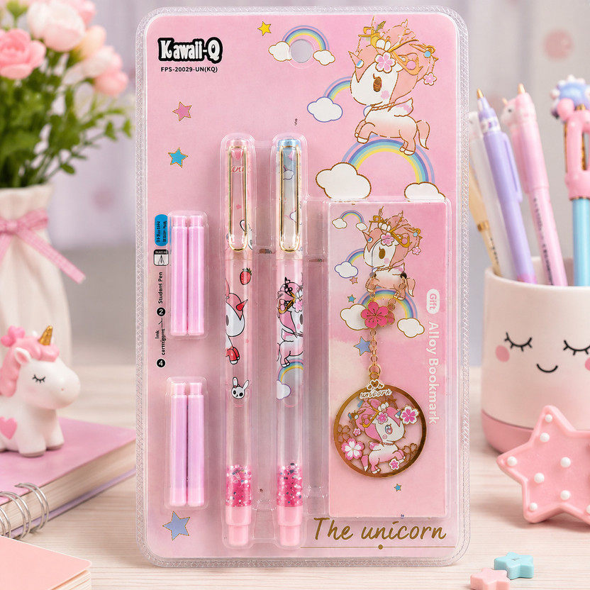 jmbeautyBazaar Kawaii Unicorn Series 0 ml 0 mm Gel Pen & Bookmark Gift Set(Set of 7, Pink)