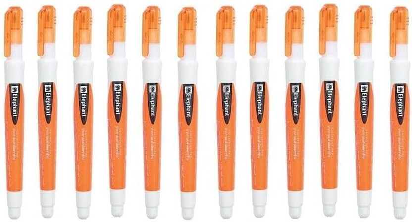ELEPHANT Correction Pen with 0.68mm Fine metal Tip | Matte White Easy Squeeze Barrel 7 ml 0.68 mm Correction Fluid Pen(Set of 12, White)