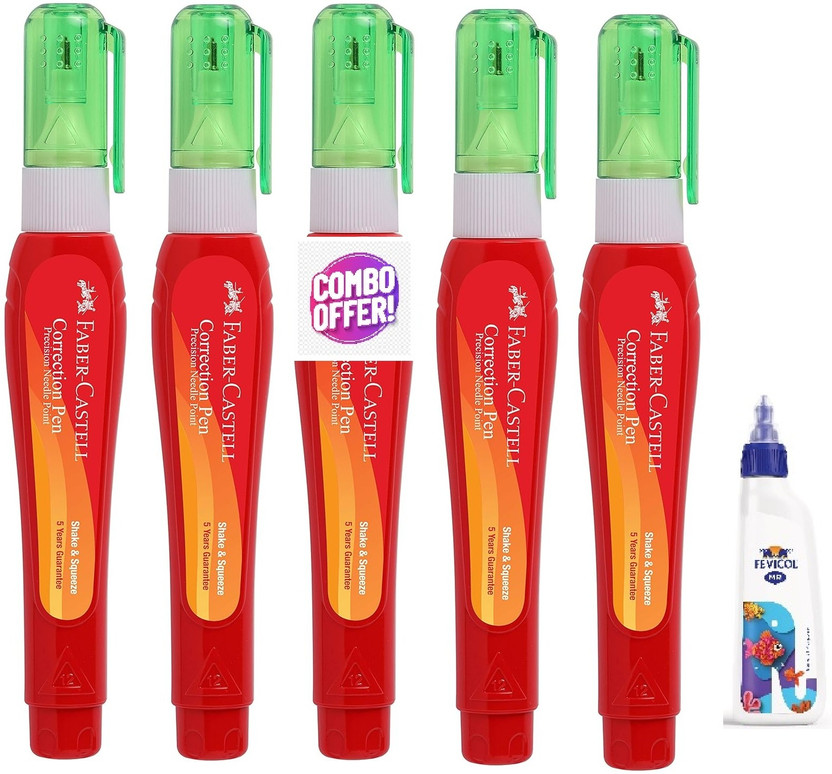 FABER-CASTELL Correction Pen Whitener I Smudge Free Operation with Unique Squeeze Control 5 ml 2 mm CORRECTION PEN(Set of 5, White)