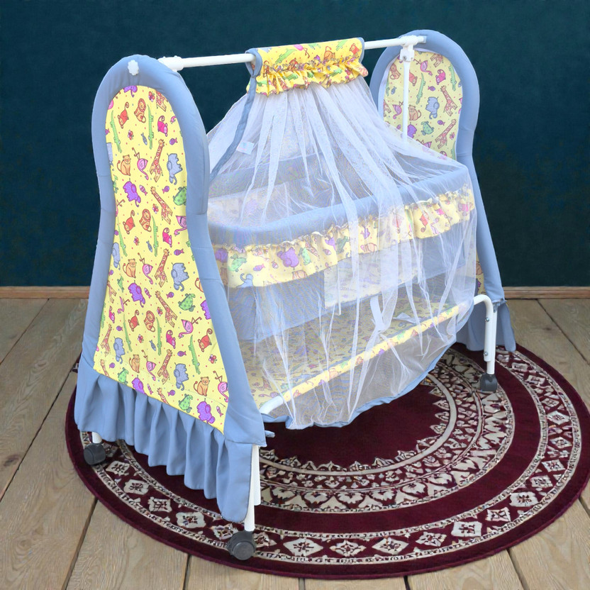 KIDDERY Apollo Newborn Cradle 0–10 Months | Gentle Swing | Soft Mattress Bassinet(Yellow Printed Palna Jhula for Baby Boy & Girl, | Portable Baby Crib)