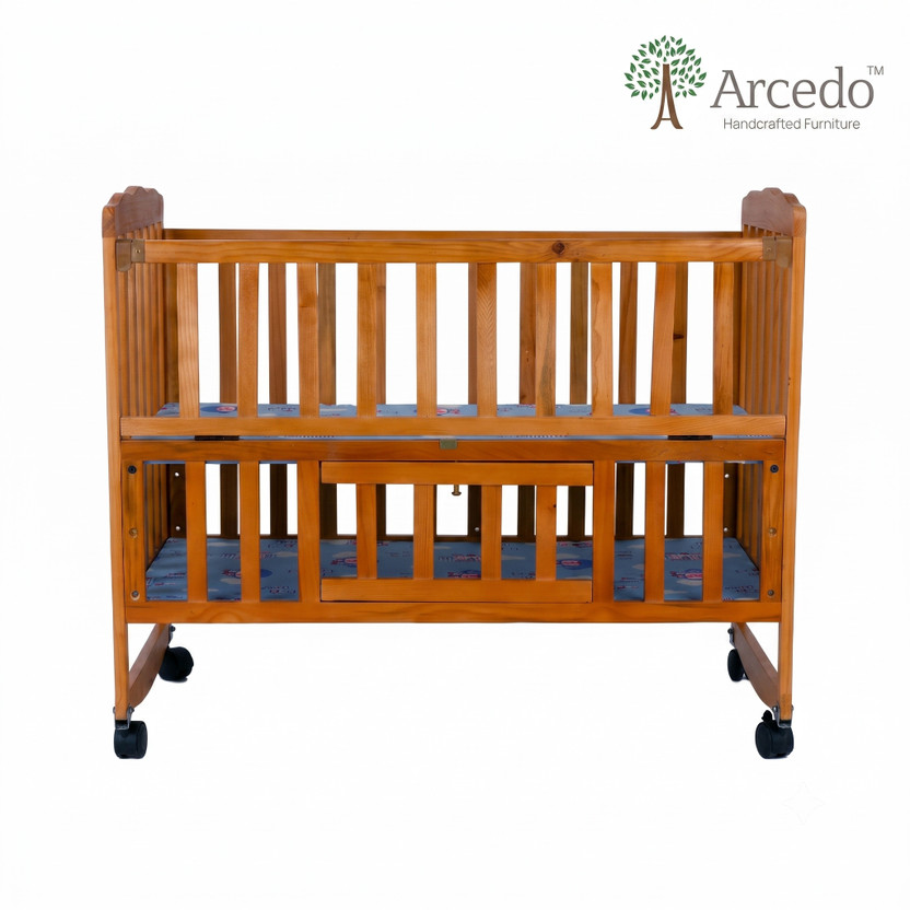 Arcedo Premium Wooden Baby Crib with Wheels for Newborn | Solid Wood Baby Cot Bed Cot(Glossy walnut)
