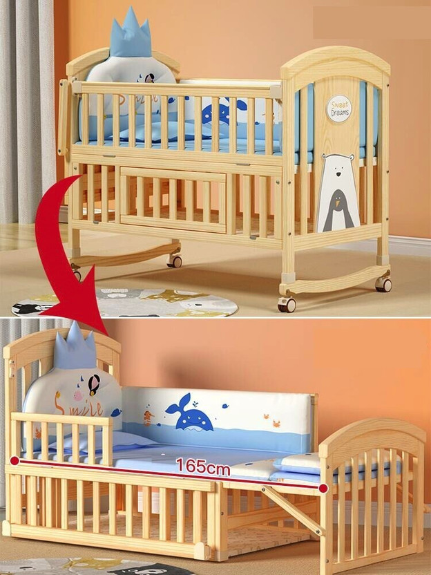 BabyTeddy Multifunctional Baby Crib Cot Toddler Bed Cradle,Mosquito Net,Diaper Station Cot(Wooden Natural)