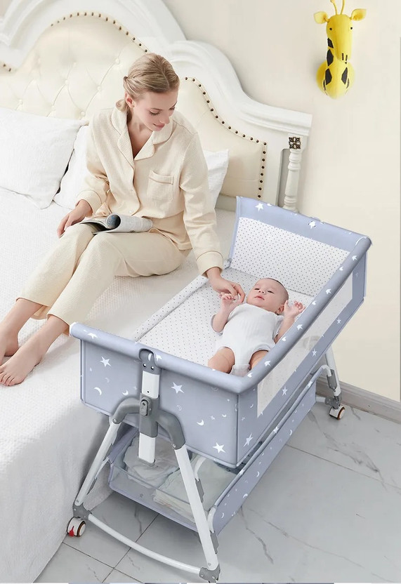 BabyTeddy Portable Baby Crib Cot Cradle Bassinet Bedside Swing Bed Mosquito net Mattress Cot(Star Grey)