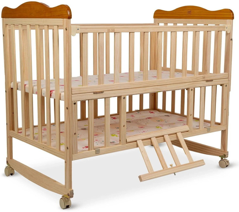 MeeMee Baby Wooden Crib Swing & Mosquito Net,Spacious Storage,for 0-3 years Cot(Light Cream)