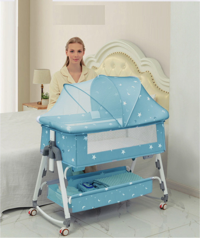 BabyTeddy Portable Baby Crib Cot Cradle Bassinet Bedside Swing Bed Mosquito net Mattress Cot(Star Blue)