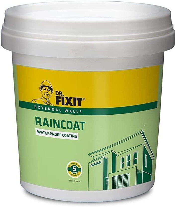 Dr. Fixit Raincoat WPC, Waterproof Coating, External wall waterproofing, Coating, No dilution, 1 Litre, Single Coat Application, Elastomeric, 5 years waterproofing, Base coat, Brush, Roller Crack Filler(1 L)