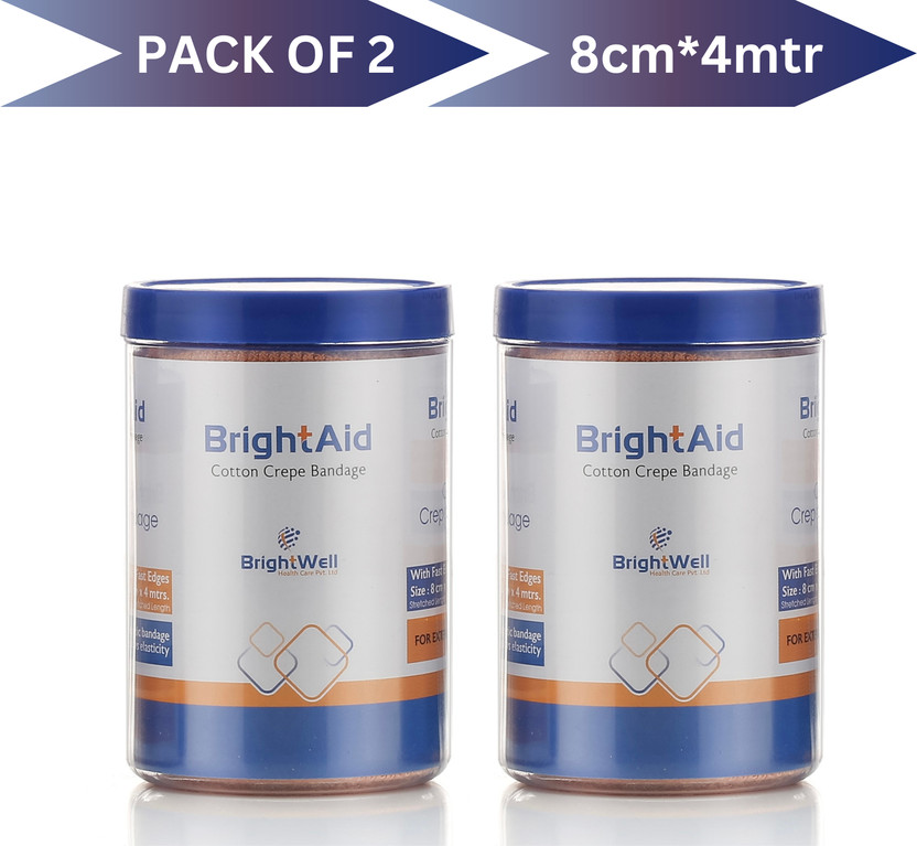 BRIGHT AID PREMIUM COTTON, THICK & WASHABLE Crepe Bandage pack of 2 (8 cm*4 mtrs) Crepe Bandage(8 cm)