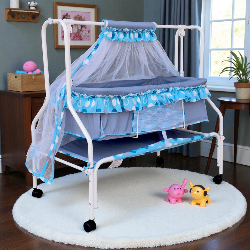 KIDDERY Ares | Value Baby Cradle | New improved Mattress Design | 25% More Space for Baby | Mosquito Protection Net | All Wheel Lock | 0-8 months | Blue(Blue)