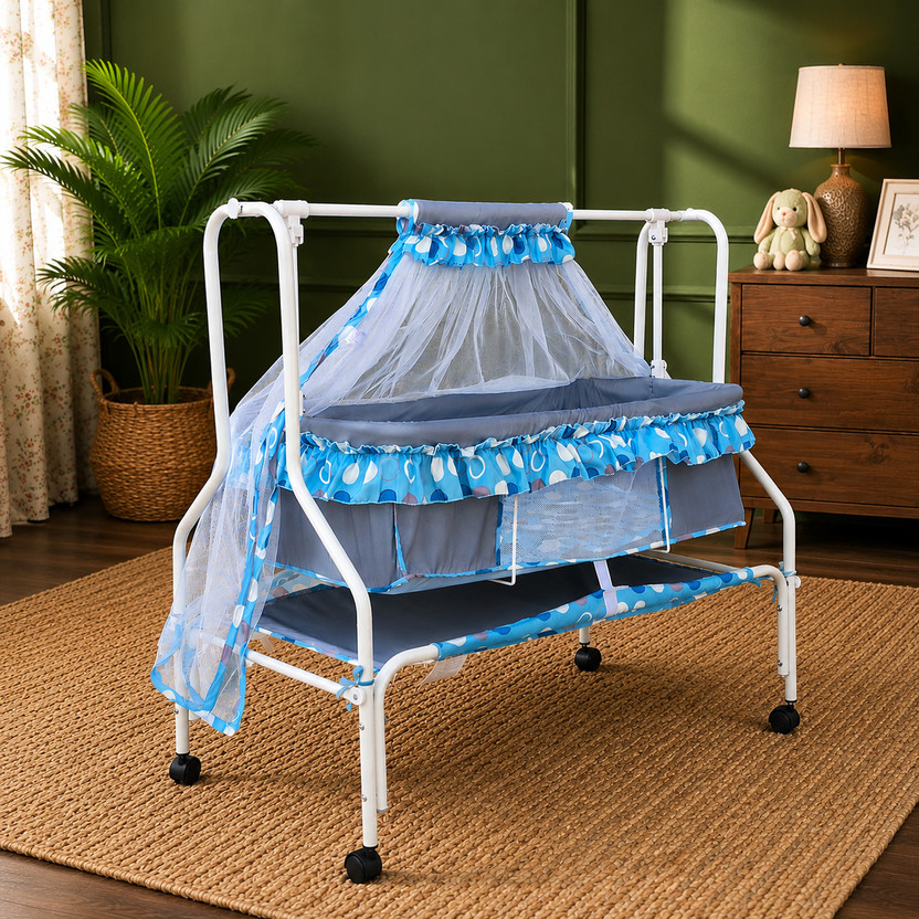 KIDDERY Ares | Value Baby Cradle | New improved Mattress Design | 25% More Space for Baby | Mosquito Protection Net | All Wheel Lock | 0-8 months | Blue(Blue)