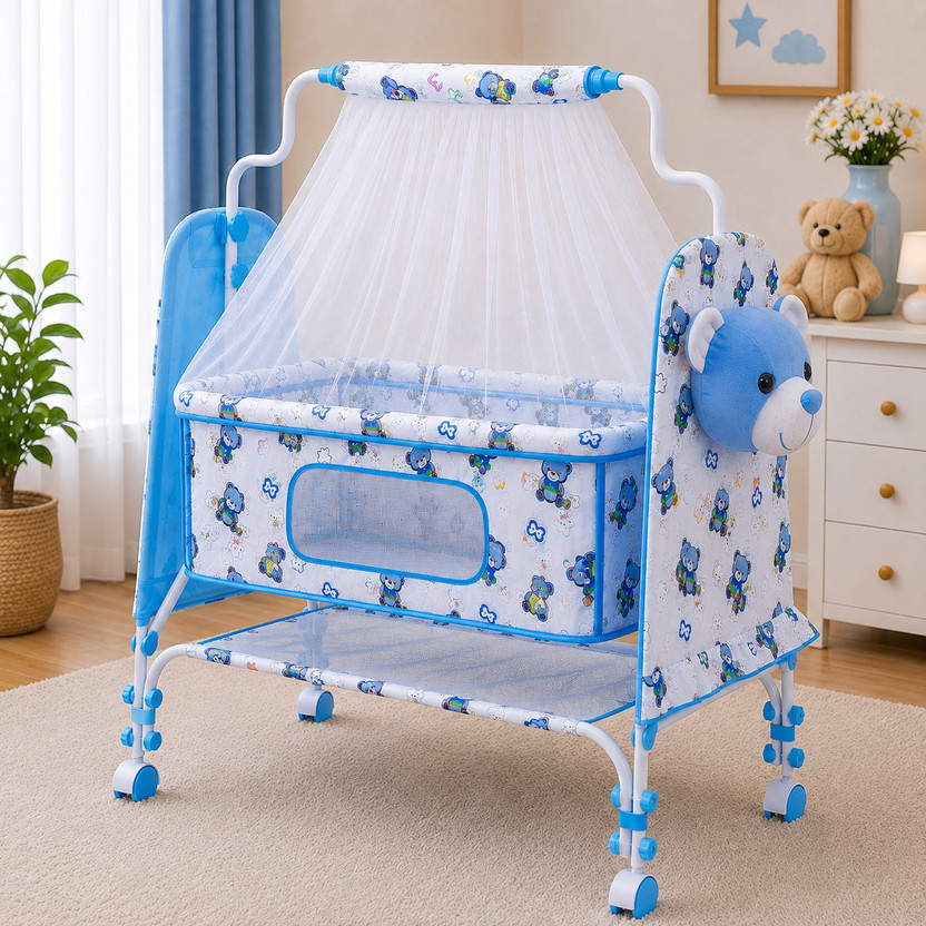 Pandaoriginals BEST QUALITY BABY CRADLE |Jhula Cute Panda Face WITH SWING LOCK FUNCTION(Blue, White)