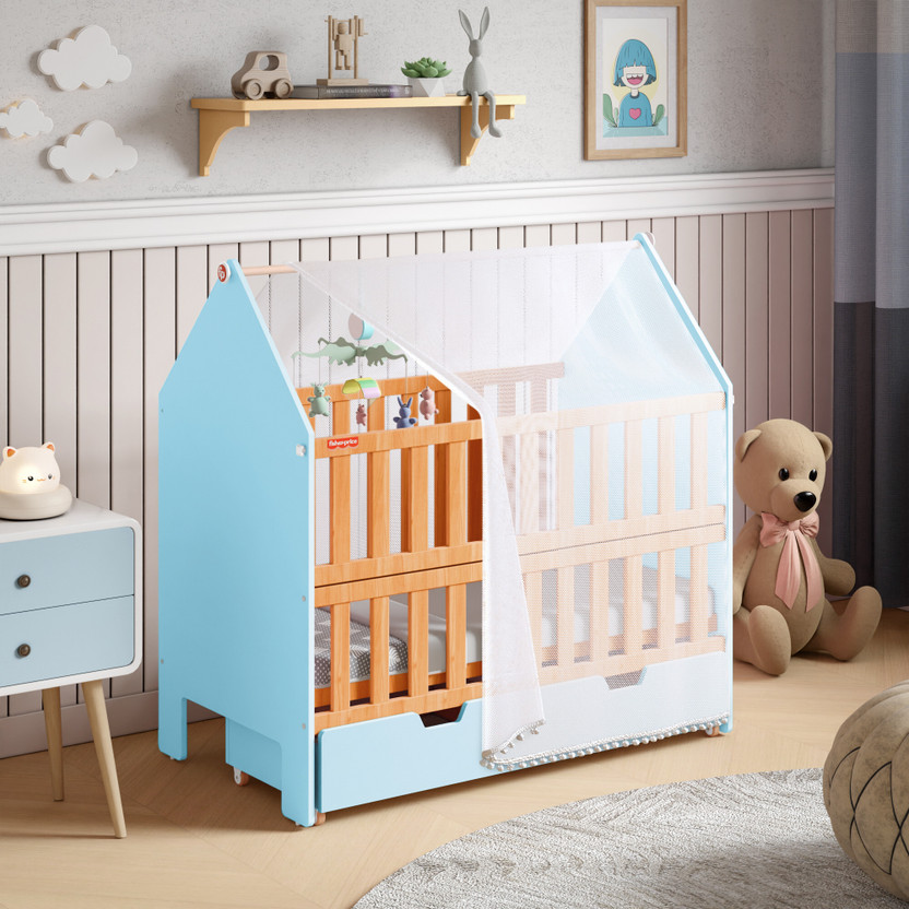 FISHER-PRICE Nest Baby Crib with Drawer, Mattress and Mosquito Net(Blue)