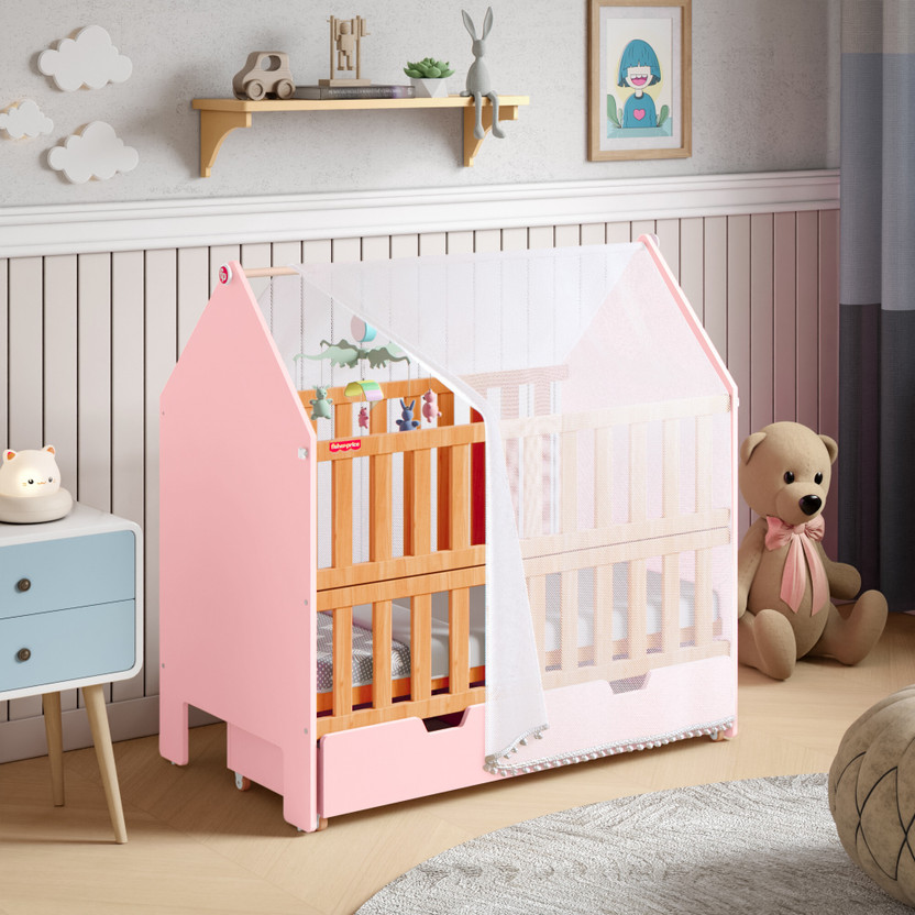 FISHER-PRICE Nest Baby Crib with Drawer, Mattress and Mosquito Net(Pink)