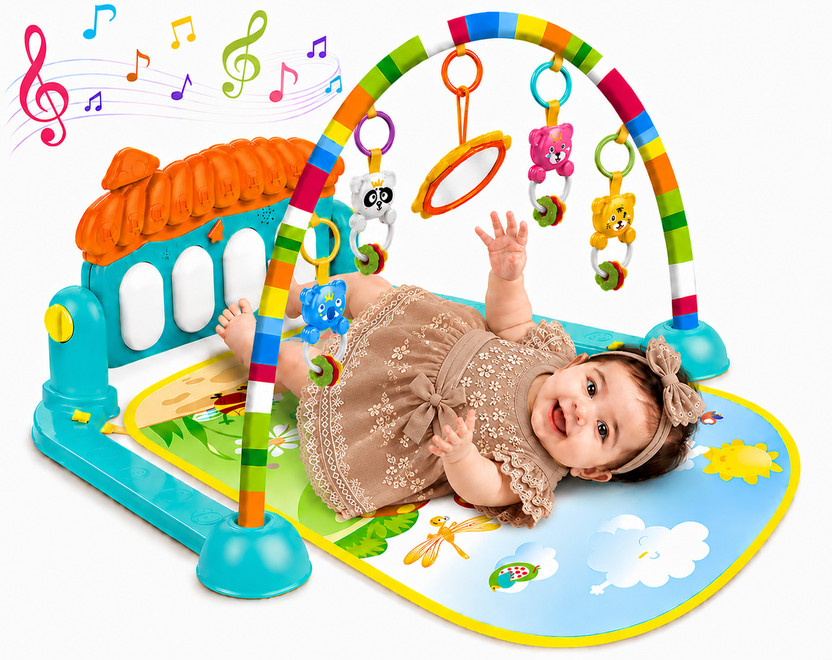 Learn With Fun Interactive Baby Play Mat with Hanging Rattle Toys Musical Piano and Mirror Rattle(Multicolor)