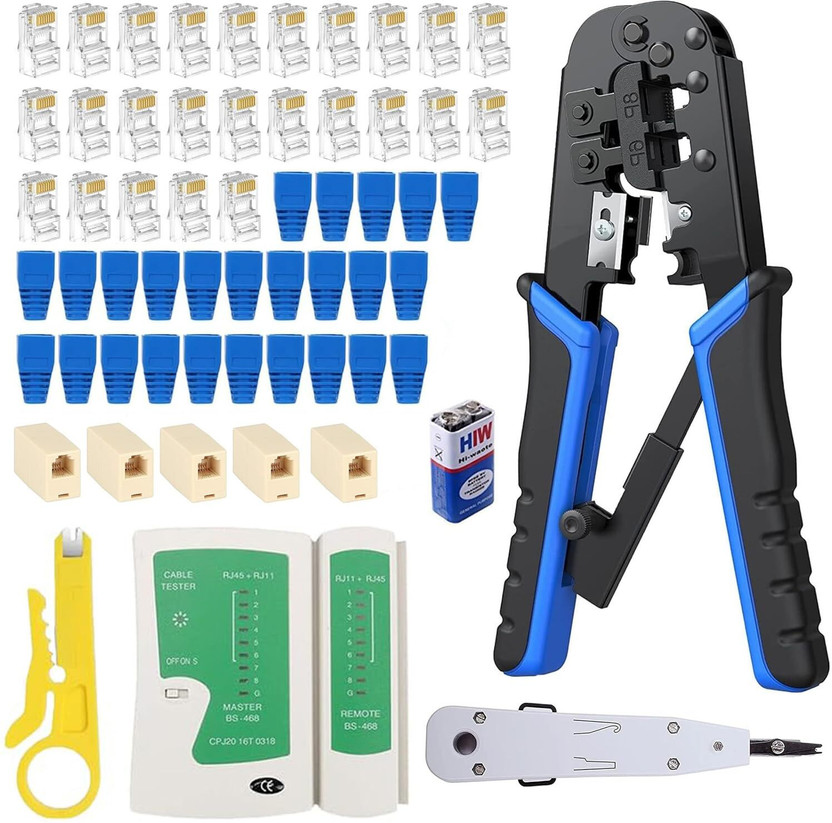 Inditrust RJ45 Crimping Tool Kit Ethernet Crimping Machine with KD-1 Punch Down Tool, 5Pcs coupler LAN Tester, 25 RJ45 Connectors and boots Manual Crimper