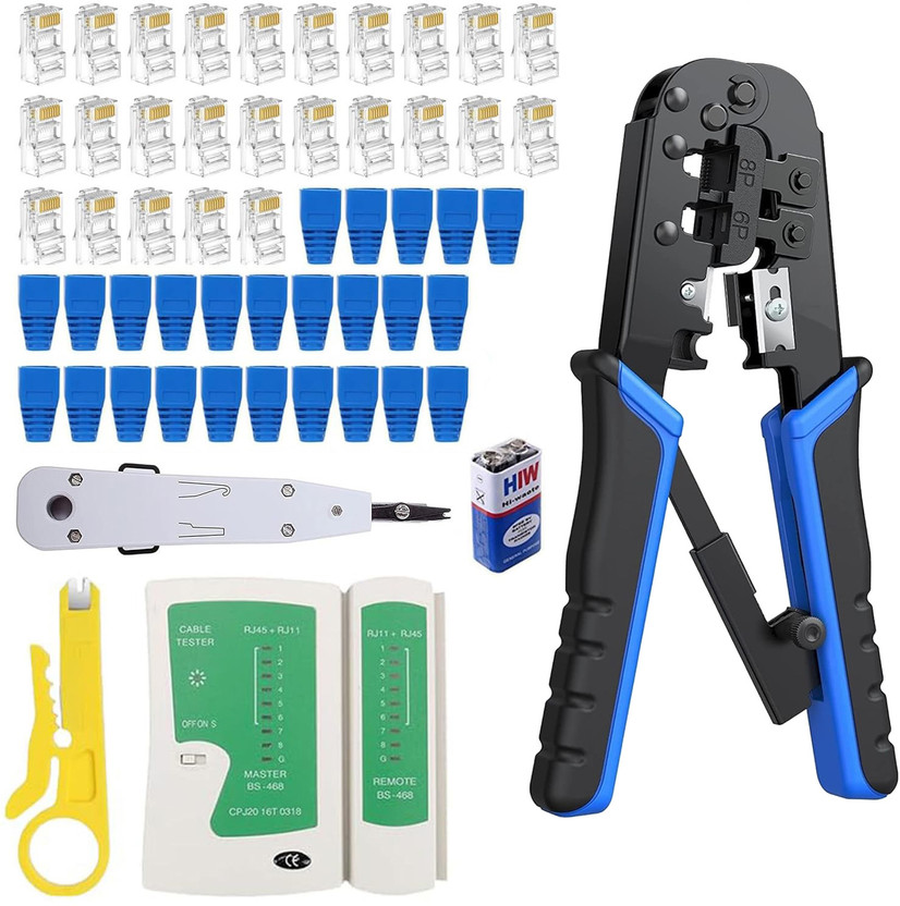 Inditrust Inditrust RJ45 Crimping Tool Kit Crimping Machine with KD-1 Punch Down Tool, LAN Cable Tester with battery, 50pc RJ45 Connectors and boots Corded Crimper - Flipkart Deal