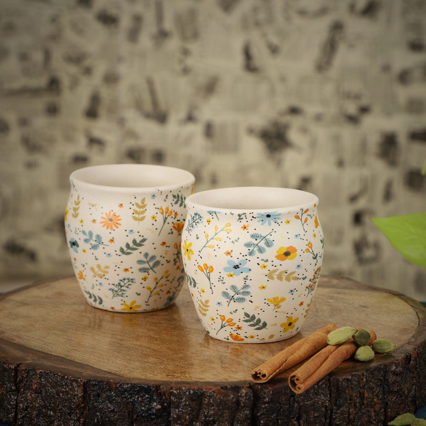 Crock Comforts Pack of 2 Ceramic, Stoneware, Earthenware Handmade Floral Printed Chai Kullar/Kullad/Kulladh-Microwave & Dishwasher Safe(Multicolor, Cup Set)