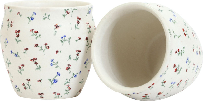 Crock Comforts Pack of 2 Stoneware, Ceramic Small Flower Chai Kullar/Kullad/Cup/Mug-Set of 2,Microwave & Dishwasher Safe,SF2(Multicolor, Cup Set)