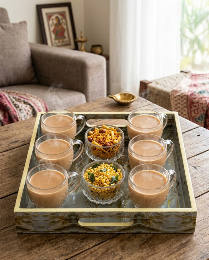 R.R.V. International Pack of 1 Glass 6 Tea Glass & 2 Glass Bowl with Serving Tray(Clear, Cup Set)