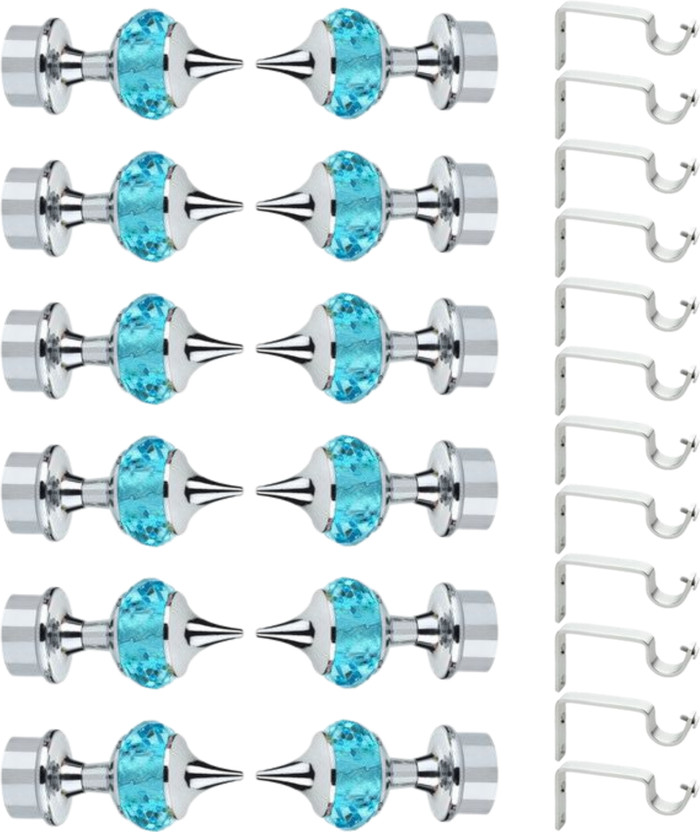 GLOXY Light Blue, Silver Rod Rail Bracket, Curtain Knobs, Curtain Hooks, Curtain Rods Metal(Pack of 24)