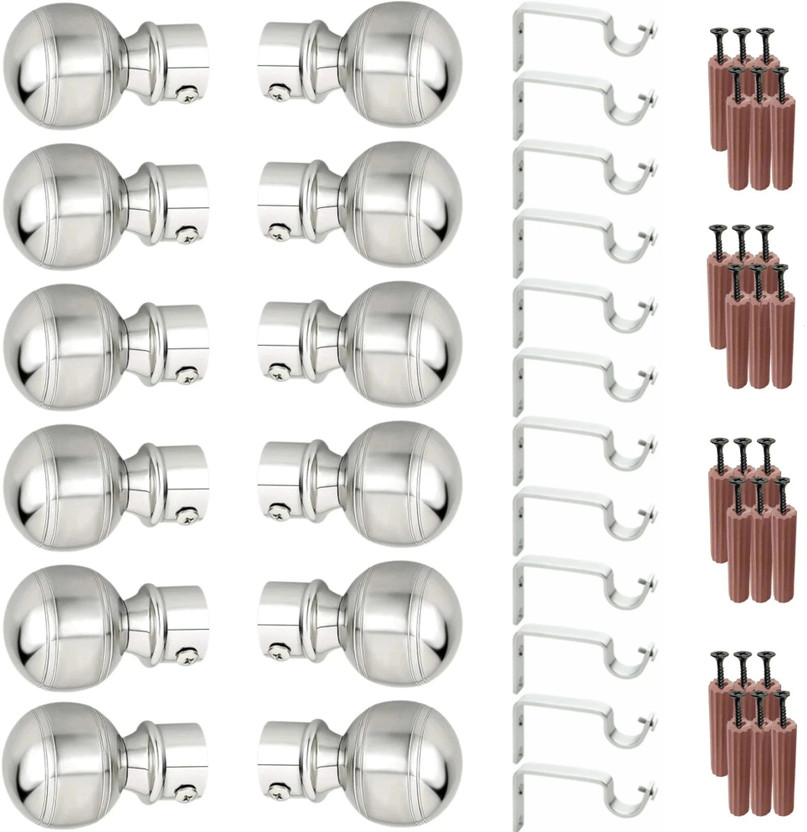 GRIVAN Silver Rod Rail Bracket, Curtain Knobs, Curtain Hooks Metal(Pack of 12)