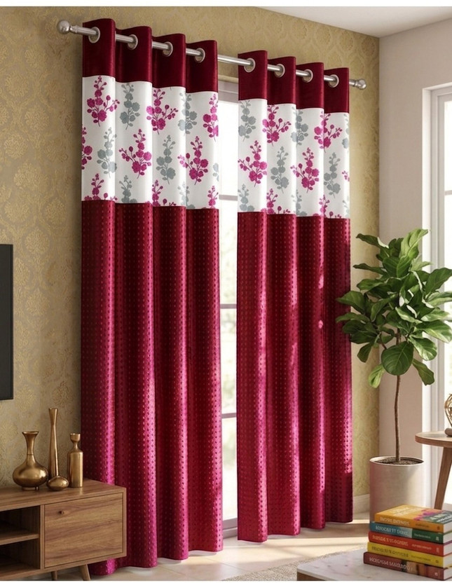 NR Enterprise 213 cm (7 ft) Door Polycotton Room Darkening Curtain Single Curtain(Maroon, Floral)