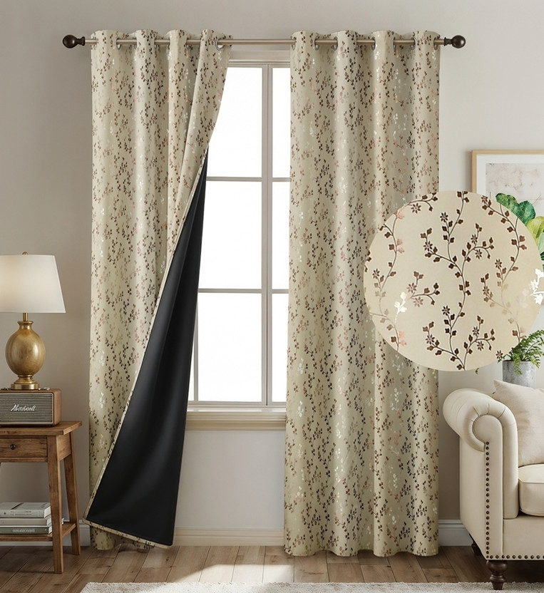 VELOURA 213.36 cm (7 ft) Door Polyester Blackout Curtain (Pack Of 2)(Tuscan Cream, Floral)