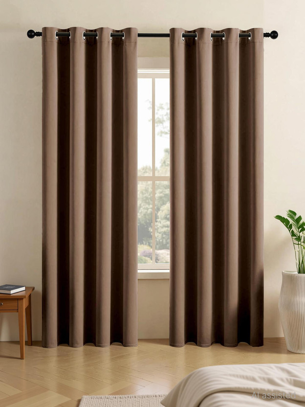 LINENWALAS 274.32 cm (9 ft) Long Door Polyester Blackout Curtain (Pack Of 2)(Cappuccino, Plain)
