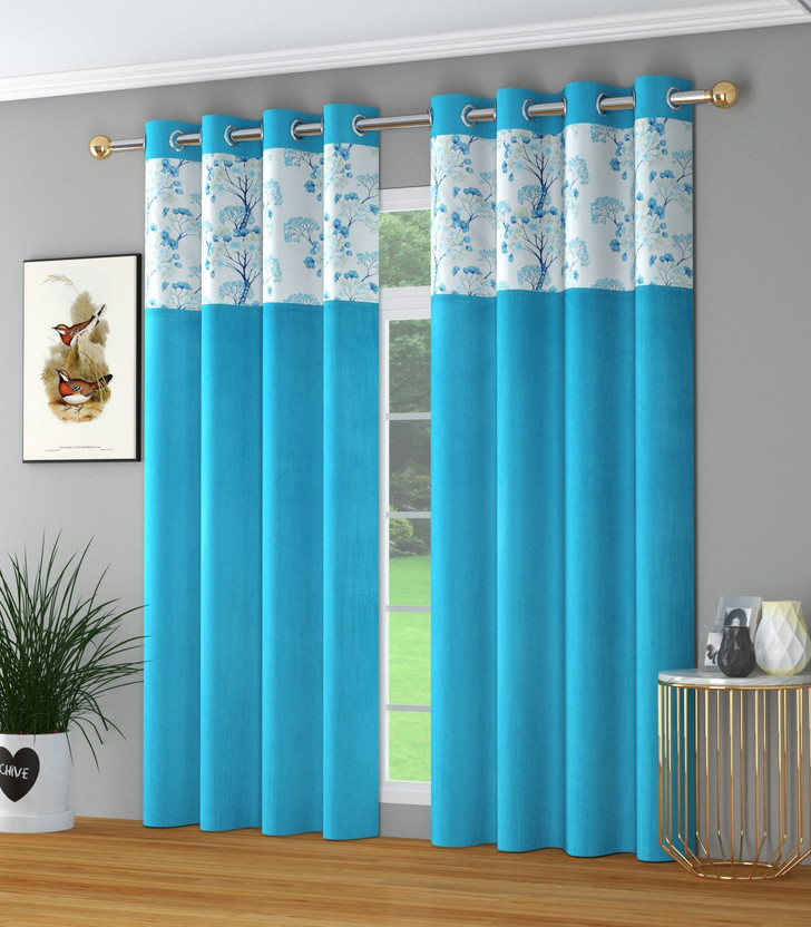 Sunny decor 274 cm (9 ft) Long Door Polyester Room Darkening Curtain (Pack Of 2)(Aqua, Floral, Printed)