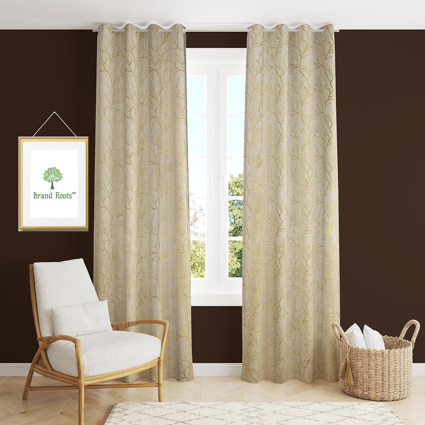 Brand Roots 214 cm (7 ft) Door Velvet Blackout Curtain (Pack Of 2)(Cream, Polka)