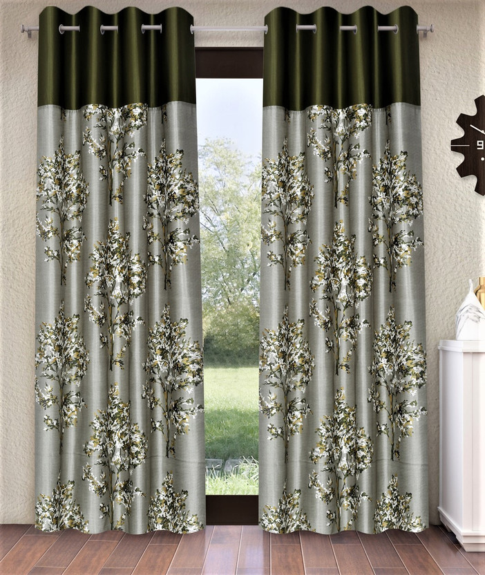 Fashion String 213 cm (7 ft) Door Polyester Semi Transparent Curtain (Pack Of 2)(Green, Floral)