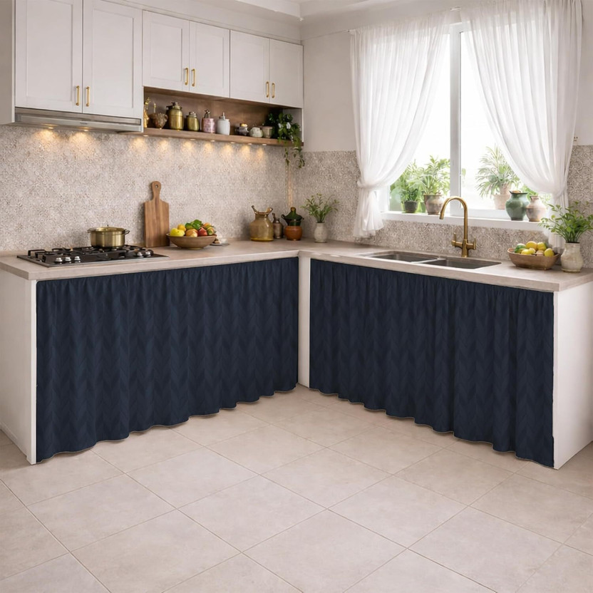 LINENWALAS 71 cm (2 ft) Kitchen Sink Polyester Blackout Curtain (Pack Of 2)(Navy Blue, Printed)
