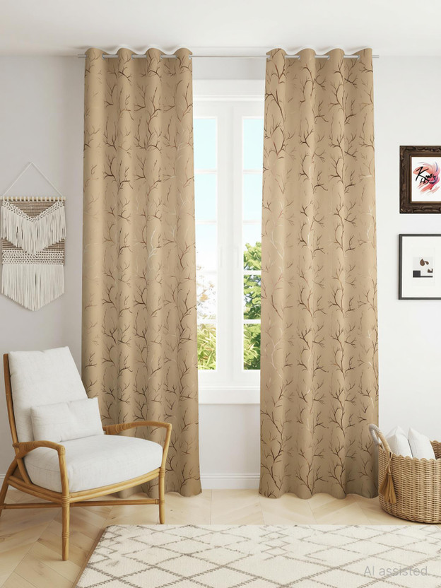 Kraftiq Homes 214 cm (7 ft) Door Polyester Blackout Curtain (Pack Of 2)(Gold Tree, Abstract)