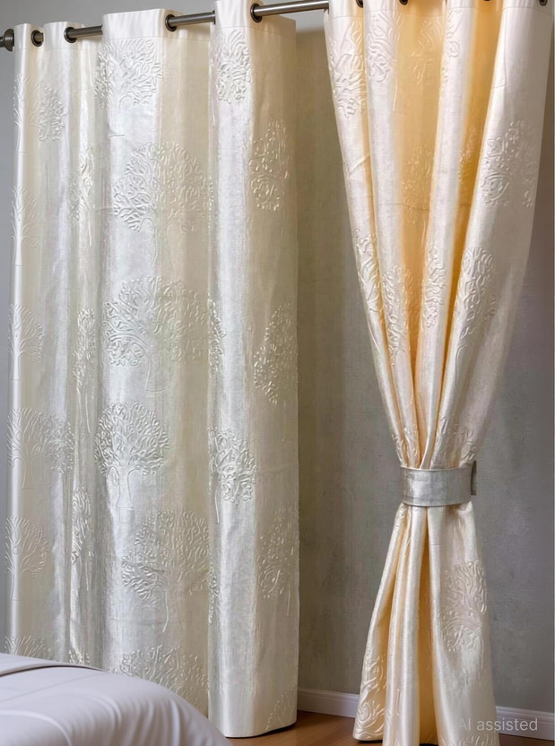 DTODEXPRESS 152.4 cm (5 ft) Window Polyester Room Darkening Curtain (Pack Of 2)(Cream, Floral)