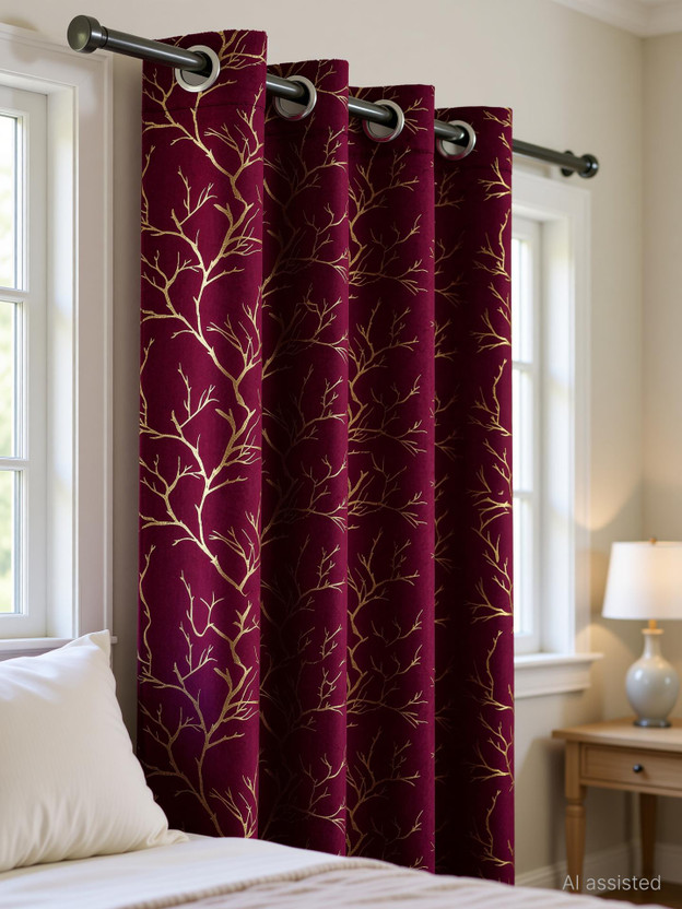 Arick Home 213 cm (7 ft) Door Velvet Blackout Curtain (Pack Of 2)(Wine, Printed)
