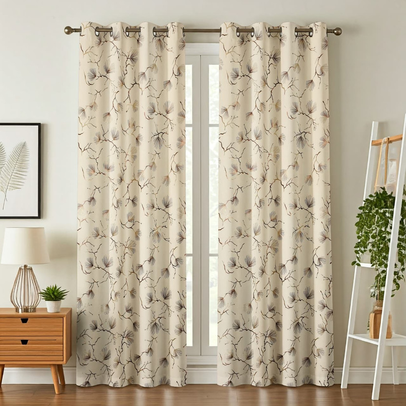 ghd 213.36 cm (7 ft) Window Velvet Blackout Curtain (Pack Of 2)(Beige, Floral, Printed)