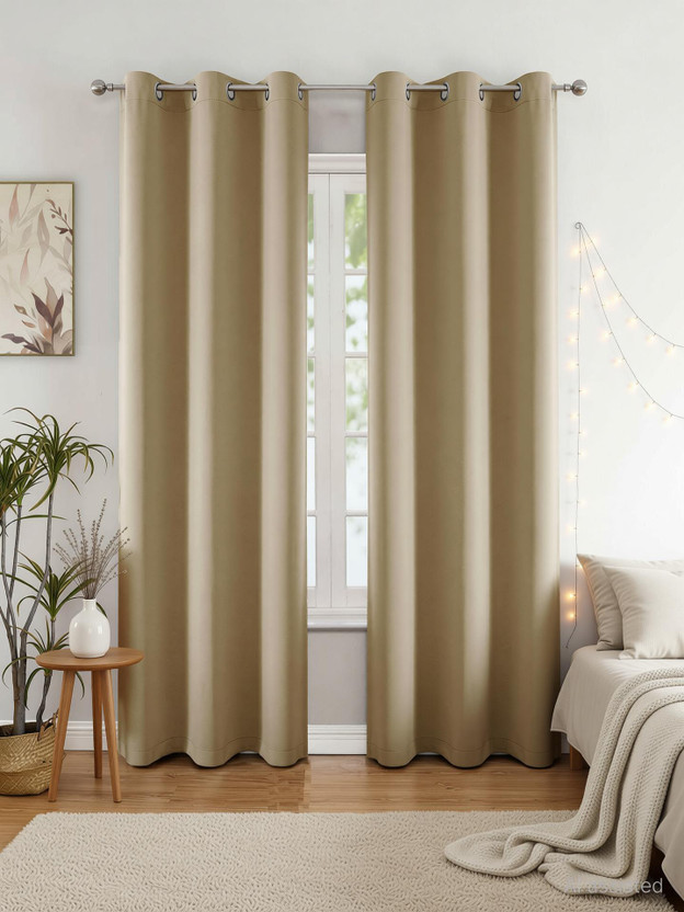 HOMEMONDE 152.4 cm (5 ft) Window Polyester Blackout Curtain (Pack Of 2)(Beige, Plain)