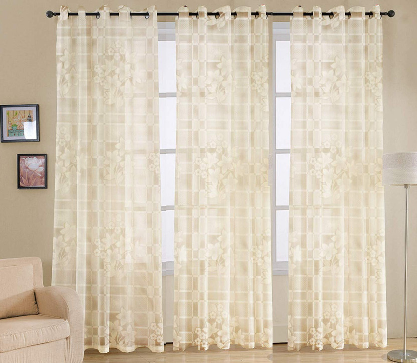 JUBILANT HOME FASHION 244 cm (8 ft) Shower Net Semi Transparent Curtain (Pack Of 3)(Cream, Floral)