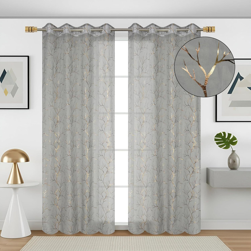 saavi creation 274.32 cm (9 ft) Long Door Tissue Semi Transparent Curtain (Pack Of 2)(Grey, Printed)