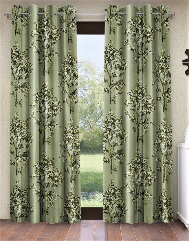 Fashion String 213 cm (7 ft) Door Polyester Semi Transparent Curtain (Pack Of 2)(Green, Floral)