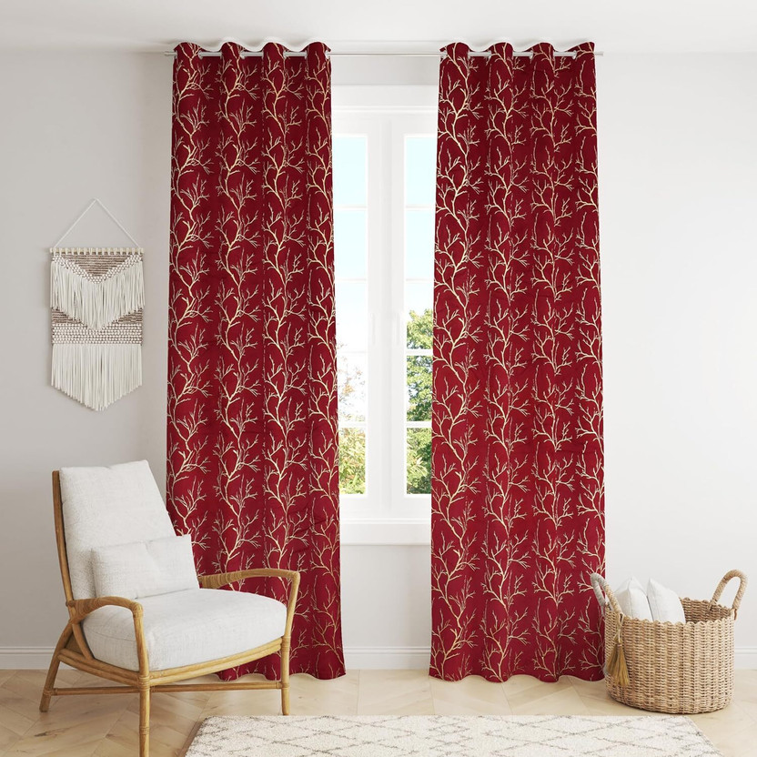 MADHAV HOME DECOR 152 cm (5 ft) Window Velvet Room Darkening Curtain (Pack Of 2)(Maroon, Floral)