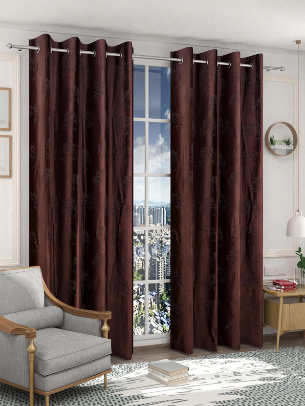 Divine Home Décor 152 cm (5 ft) Window Polyester Blackout Curtain (Pack Of 2)(Brown, Floral)