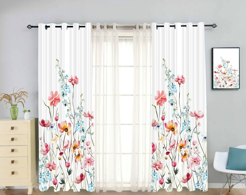 Newturn 225 cm (7 ft) Door Polyester, Tissue Room Darkening Curtain (Pack Of 3)(White, Multicolor, Printed, 3D Printed, Floral)
