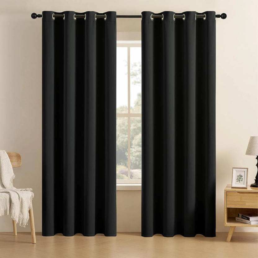Home Stylish 152 cm (5 ft) Window Silk Blackout Curtain (Pack Of 2)(Black, Solid)