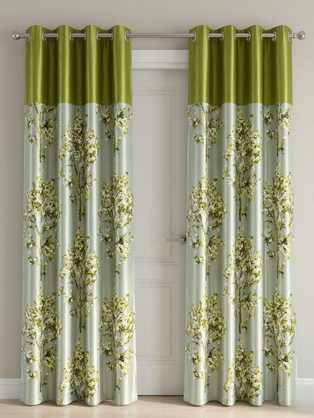 Kanodia Poly Fab 275 cm (9 ft) Long Door Polyester Semi Transparent Curtain (Pack Of 2)(Green, Floral)