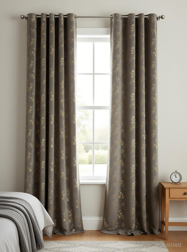 VELOURA 213.36 cm (7 ft) Door Velvet Room Darkening Curtain (Pack Of 2)(Grey, Floral)