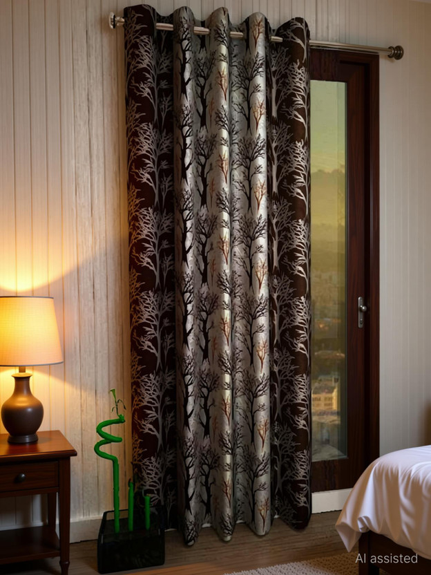 Styletex 213 cm (7 ft) Door Polyester Semi Transparent Curtain Single Curtain(Brown, Printed)