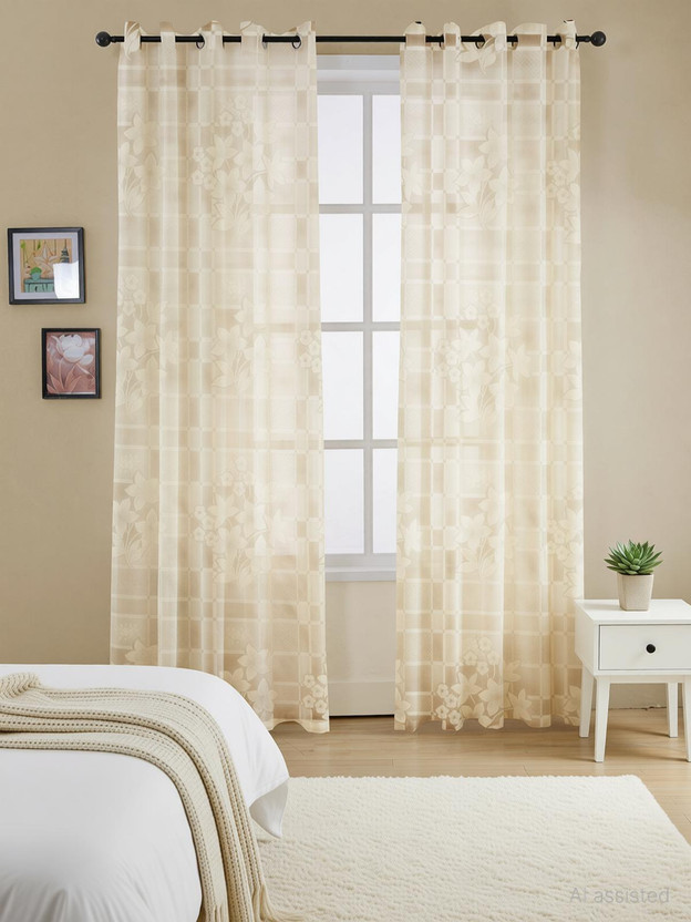 JUBILANT HOME FASHION 210 cm (7 ft) Door Net Transparent Curtain (Pack Of 2)(Cream, Floral)