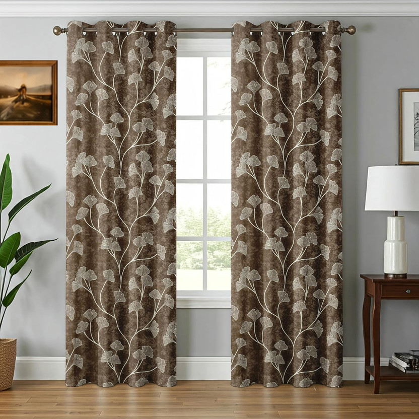 MKNOIR 274 cm (9 ft) Long Door Polyester Room Darkening Curtain (Pack Of 2)(Brown, Printed)